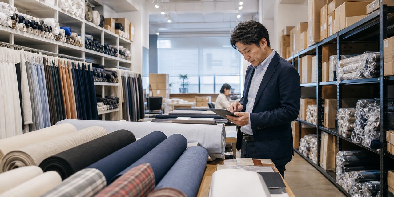 生地サンプルが並ぶ繊維会社のサンプル室