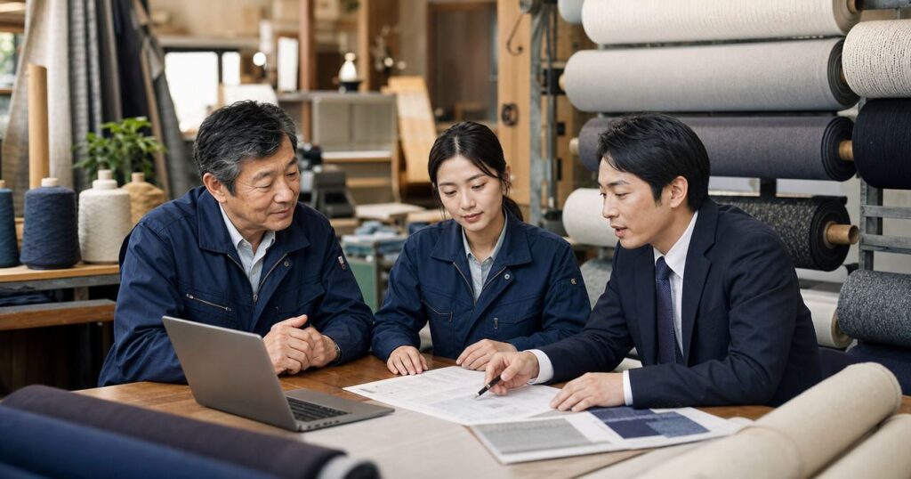 繊維工場の事業承継について相談する経営者と担当者